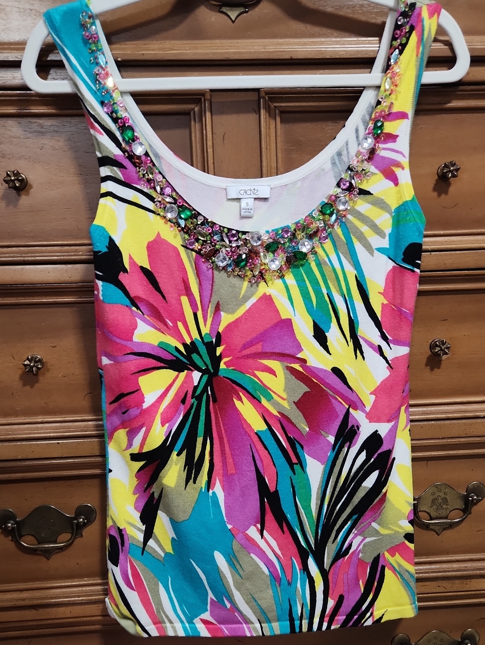 Cache Embellished Floral Tank Top in Multicolor